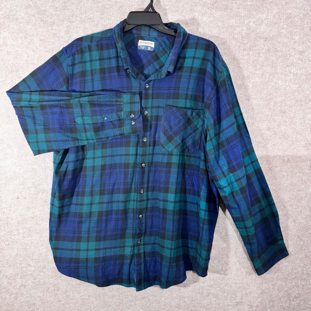 Magellan Outdoors Flannel Shirt Mens 2XL Blue Green Plaid Cotton Gorpcore